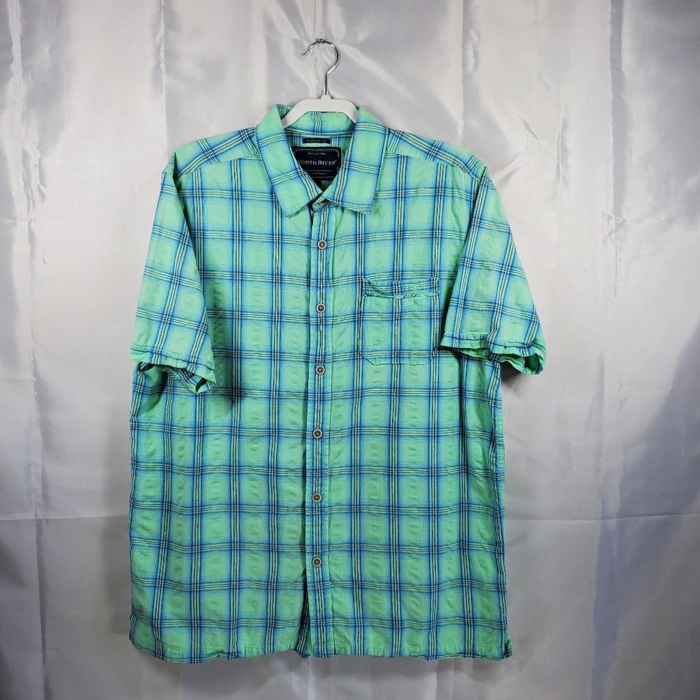 North River Comfort Fit Button Up Short Sleeve Plaid Shirt Green Blue Men Sz XL